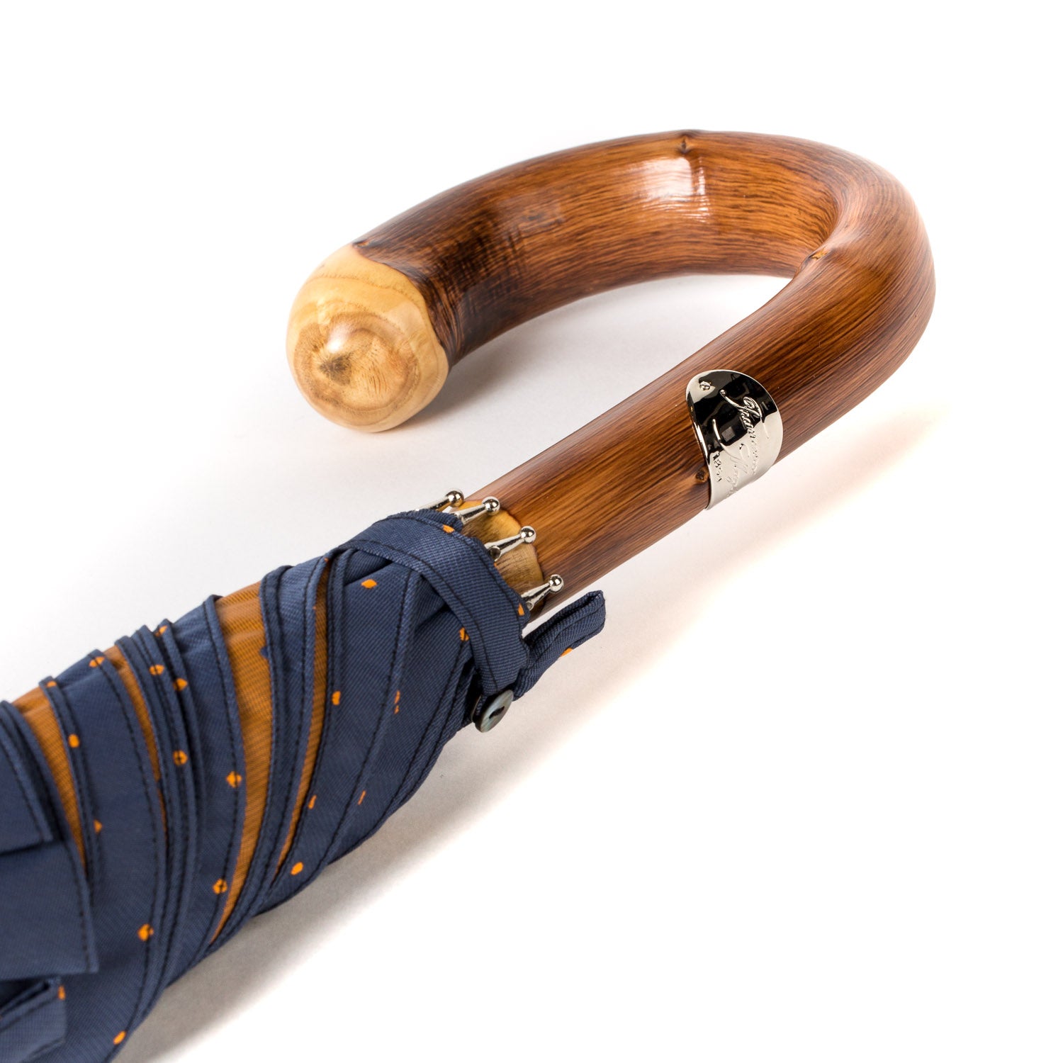 Blue Umbrella with Light Brown Dots and Handle made of Chestnut Wood